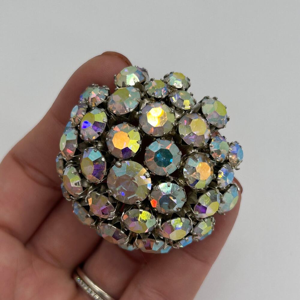 Vintage Warner Dome Brooch 2" Aurora Borealis Rhinestone Pin Signed Jewelry - Picture 6 of 10